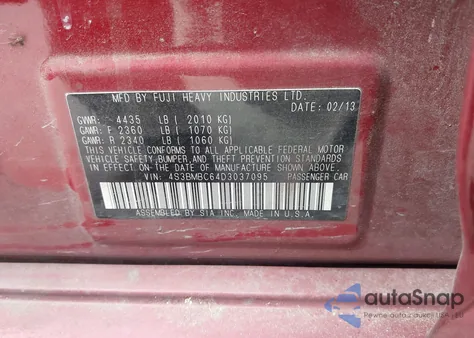 2013 Subaru Legacy 2.5I Premium из США, поврежденный, VIN 4S3BMBC64D3037095